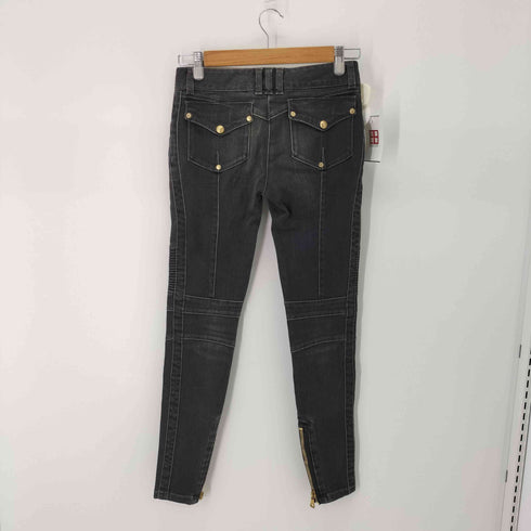 バルマンパリ BALMAIN PARIS バイカーデニムパンツ ブラックデニム バイカーパンツ 裾ジップ 金ジップ レディース JPN:34