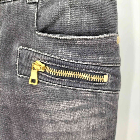 バルマンパリ BALMAIN PARIS バイカーデニムパンツ ブラックデニム バイカーパンツ 裾ジップ 金ジップ レディース JPN:34
