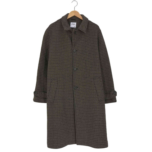 ザラ ZARA 千鳥格子柄 ウールポリ ステンカラーコート メンズ import:L