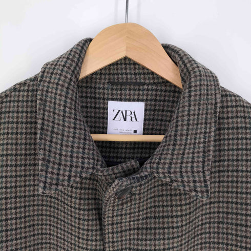 ザラ ZARA 千鳥格子柄 ウールポリ ステンカラーコート メンズ import:L