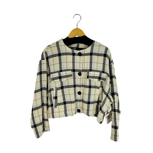 ザラ ZARA チェック柄 ノーカラーツイードジャケット レディース JPN:L