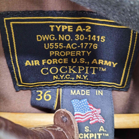 COCKPIT USA USA製 COCKPIT社製 A-2 レザーフライトジャケット 馬革 ホースレザー メンズ US:36