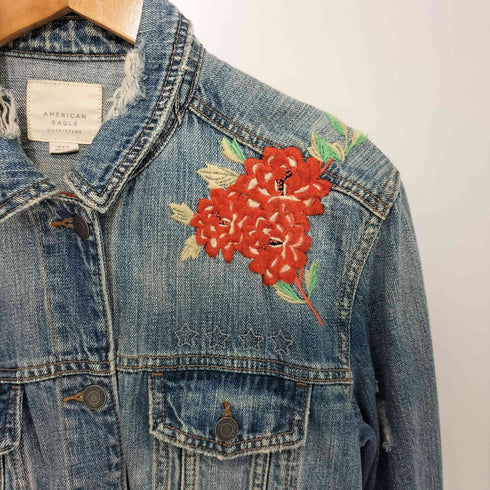 アメリカンイーグルアウトフィッターズ AMERICAN EAGLE OUTFITTERS 花刺繍 ダメージ デニムジャケット レディース M