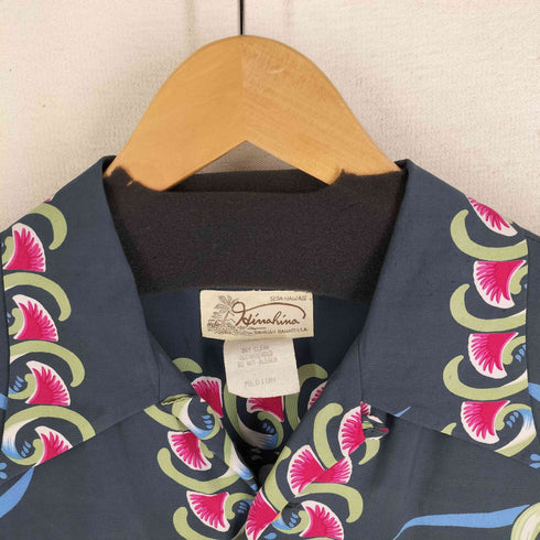 KINAKINA VINTAGE フローラル ボーダーパターン 縦縞柄 木ボタン レーヨン オープンカラー アロハシャツ 柄合わせ メンズ import:M