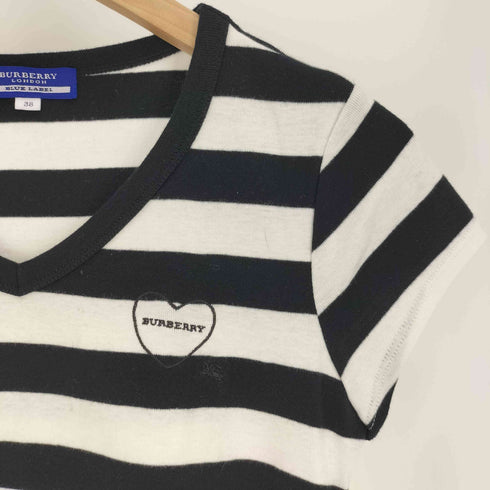 バーバリーブルーレーベル BURBERRY BLUE LABEL ハートロゴ刺繍 ボーダー Vネック Tシャツ レディース EUR:38