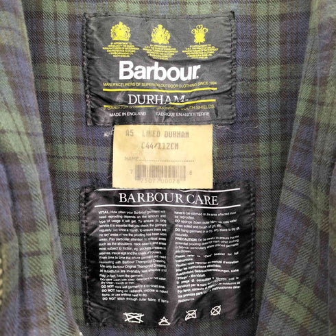 バブアー Barbour 90S 英国製 3ワラント DURHAM ダーハム 裏地チェック オイルドジャケット 1995年製 メンズ C44