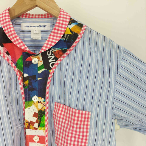 コムデギャルソンシャツ COMME des GARCONS SHIRT 13SS フランス製 ギンガムチェック 総柄 切替 ショールカラー ストライプシャツ メンズ JPN:S