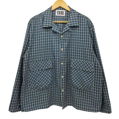GOODLOOK チェック柄 ショート丈 ロングスリーブ オープンカラーシャツ ボックスシルエット 袖裾ドローコード メンズ FREE