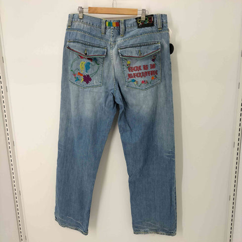 クージー COOGI 90s~ 花刺繍 バギーデニムパンツ 革パッチ Y2K THERE IS NO ALTERNATIVE メンズ W38 L34
