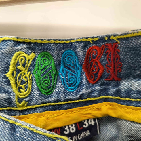 クージー COOGI 90s~ 花刺繍 バギーデニムパンツ 革パッチ Y2K THERE IS NO ALTERNATIVE メンズ W38 L34