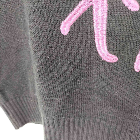 猫刺繍畔編みリブニットセーター レディース