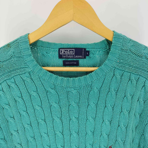 ポロバイラルフローレン Polo by RALPH LAUREN 90S ポニー 刺繍 コットン ケーブル ニット ミントグリーン メンズ import:L