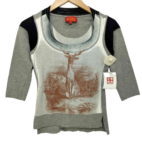 ヴィヴィアンウエストウッドレッドレーベル Vivienne Westwood RED LABEL 鹿 ペンキ加工 Y2K 7分袖 Uネックカットソー ロングスリーブTシャツ ロンT レディース JPN:1