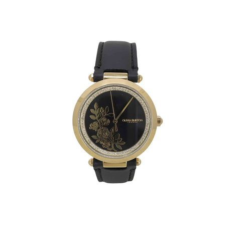 olivia burton グネチャー 34mm フローラル Tバー ゴールド & ブラック レザー ストラップ レディース