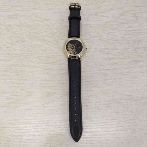 olivia burton グネチャー 34mm フローラル Tバー ゴールド & ブラック レザー ストラップ レディース