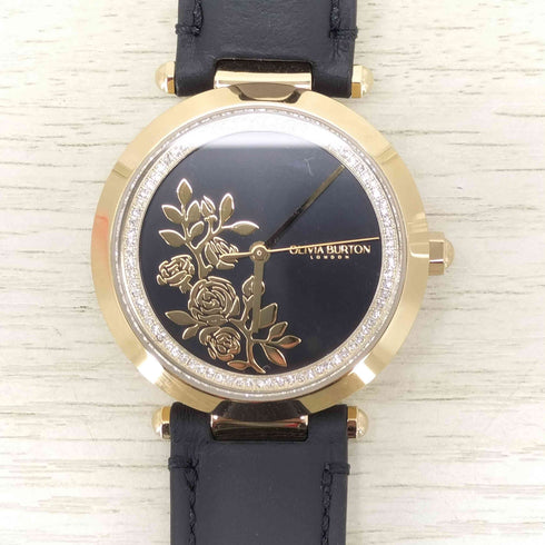 olivia burton グネチャー 34mm フローラル Tバー ゴールド & ブラック レザー ストラップ レディース