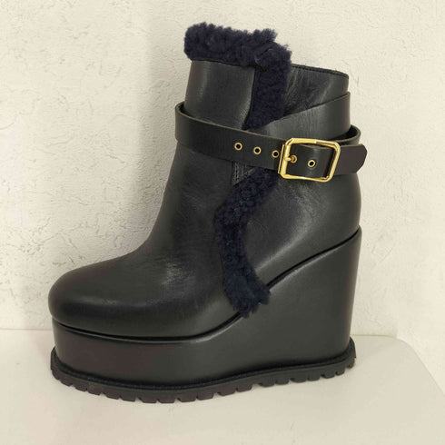 サカイ Sacai ウェッジソール ボアストラップブーツ レディース JPN:38