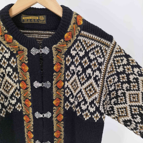 NORDSTRIKK ノルウェー製 PURE NEW WOOL ウール アーガイル チロリアン カーディガン メタルフック ニット レディース LADY 36