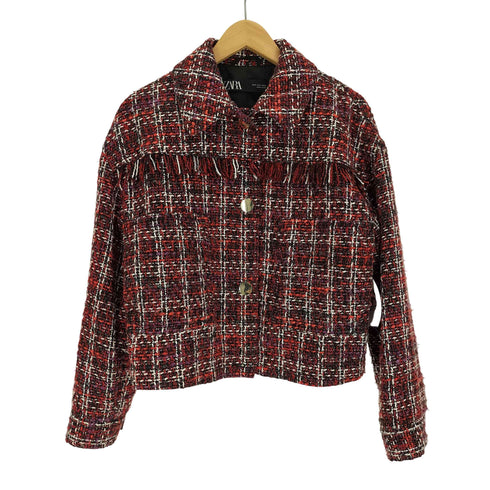 ザラ ZARA ツイード ミックスカラー フリンジ 金ボタン クロップドジャケット 短丈 レディース import:S