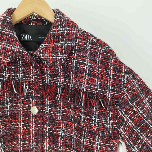 ザラ ZARA ツイード ミックスカラー フリンジ 金ボタン クロップドジャケット 短丈 レディース import:S