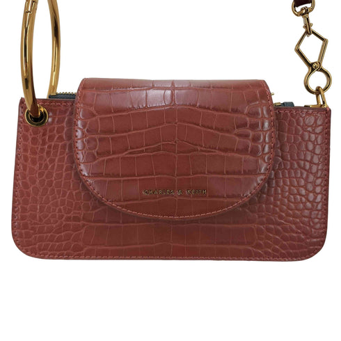 チャールズキース CHARLES & KEITH クロックエフェクトフラップウォレット型押しショルダーバッグ レディース