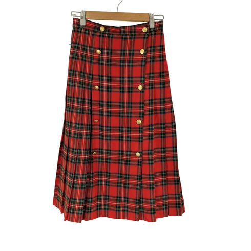 金ボタンレーヨン混チェックプリーツスカート レディース
