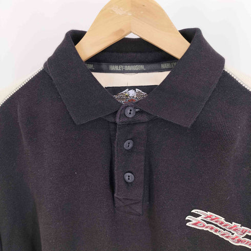 ハーレーダビッドソン HARLEY-DAVIDSON 00S 両面 ロゴプリント スリーブライン コットン L/S ポロシャツ インド綿 メンズ import:M