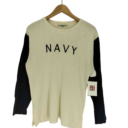 ISLAND KNIT WORKS NAVY プリント スリーブ 切替 コットン ニット メンズ