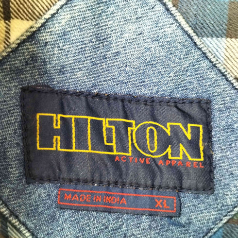 ヒルトン HILTON 90S ACTIVE APPAREL NSP CREDIT UNION 刺繍 アームバイカラー デニム スタジアムジャケット スタジャン メンズ import:XL