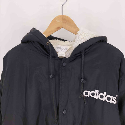 アディダス adidas 80-90S 三角タグ 裏ボア ビッグ トレフォイル ロゴ プリント ナイロン スナップボタン フーデッド ベンチコート メンズ import:M