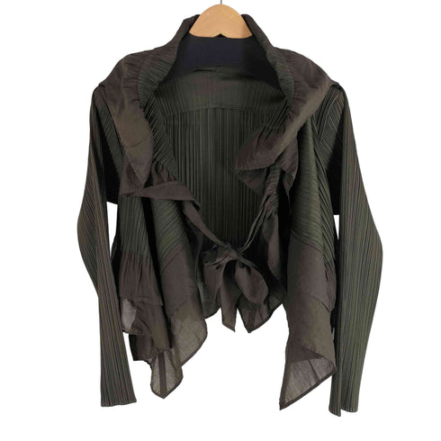 プリーツプリーズイッセイミヤケ PLEATS PLEASE ISSEY MIYAKE 09SS フリル切替 ドレープカーディガン プリーツ オリーブ レディース JPN:3