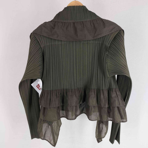 プリーツプリーズイッセイミヤケ PLEATS PLEASE ISSEY MIYAKE 09SS フリル切替 ドレープカーディガン プリーツ オリーブ レディース JPN:3