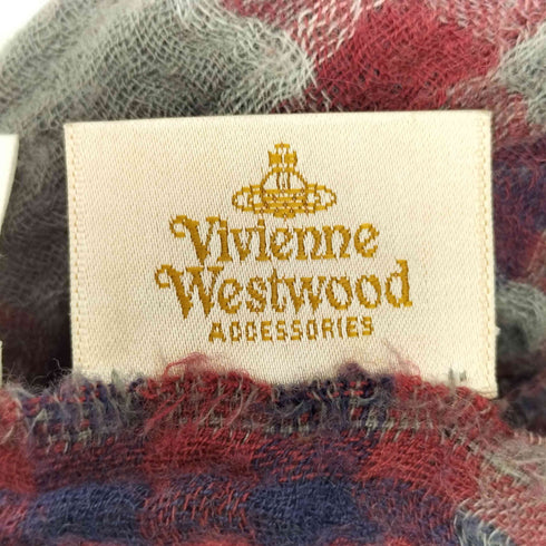 ヴィヴィアンウエストウッドアクセサリー Vivienne Westwood Accessories オーブ刺繍 タータンチェック 切替 ウール フリンジマフラー レディース