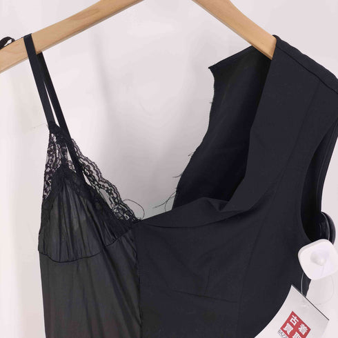 トリココムデギャルソン tricot COMME des GARCONS AD2003 パッチワーク ドッキング 異素材切替 花柄 レース ノースリーブ キャミ ワンピース レディース JPN:M