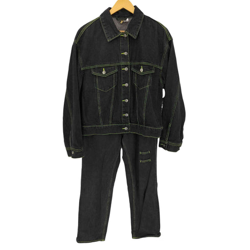 エイチアンドエム H&M ブラックデニムジャケット グリーンステッチ セットアップ レディース US 8