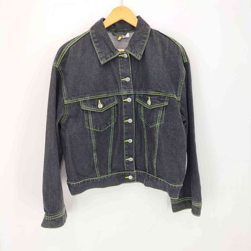 エイチアンドエム H&M ブラックデニムジャケット グリーンステッチ セットアップ レディース US 8