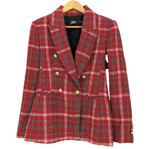 ザラ ZARA 金ボタン ツイード チェック ダブルブレスト テーラードジャケット レディース import:M