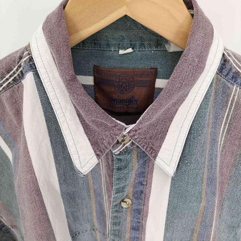 ラングラー Wrangler 80-90S RUGGED WEAR 茶タグ ストライプ S/S シャツ メンズ import:L
