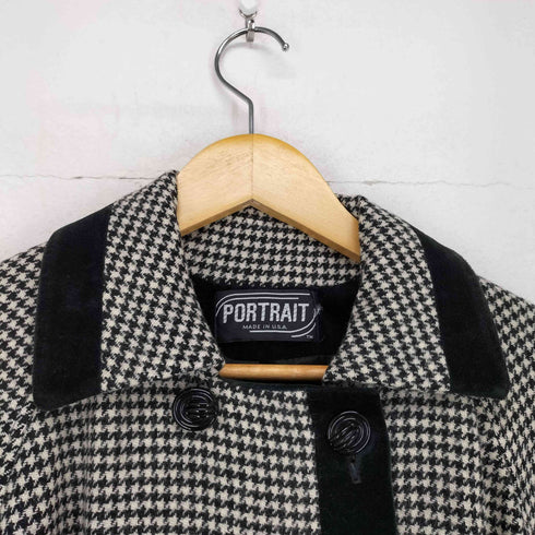 PORTRAIT MADE IN USA ベロア切替 千鳥格子柄 トップボタンウールコート レディース