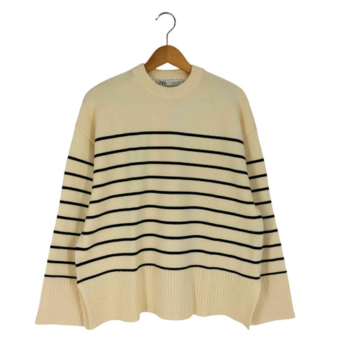 ザラ ZARA 細ボーダー サイドスリット クルーネック ニット レディース import:M