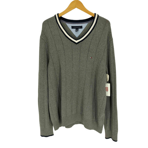 トミーヒルフィガー TOMMY HILFIGER ロゴ刺繍 リブライン Vネック コットン チルデン ニット セーター メンズ import:XL