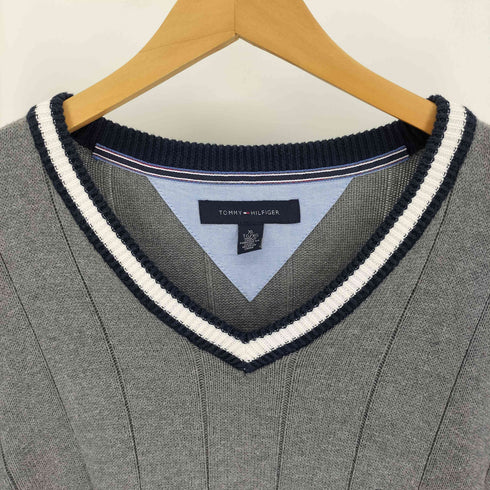 トミーヒルフィガー TOMMY HILFIGER ロゴ刺繍 リブライン Vネック コットン チルデン ニット セーター メンズ import:XL