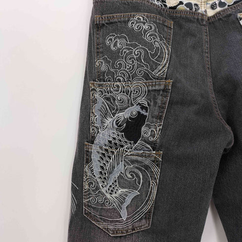 雅結 鯉 刺繍 和柄 デニムパンツ メンズ JPN:XL
