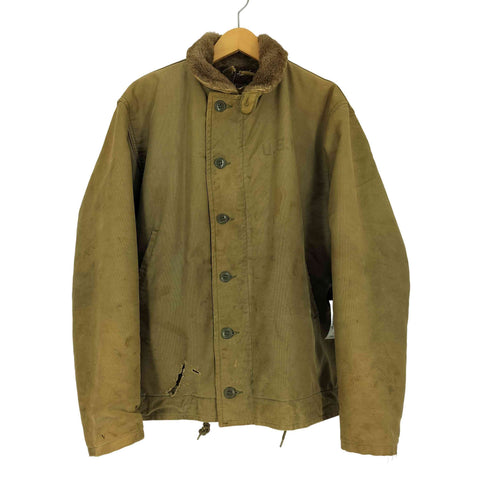 ユーエスネイビー U.S.NAVY 40S N-1 U.S.N. BROWN FIELD ステンシルプリント WALDES コの字留め ジップ ジャングルクロス デッキジャケット アルパカファー メンズ