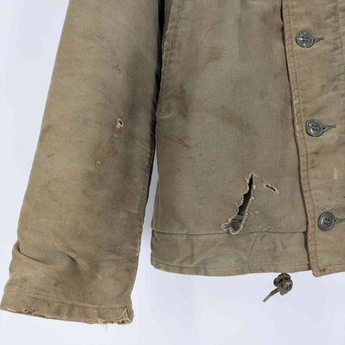 ユーエスネイビー U.S.NAVY 40S N-1 U.S.N. BROWN FIELD ステンシルプリント WALDES コの字留め ジップ ジャングルクロス デッキジャケット アルパカファー メンズ