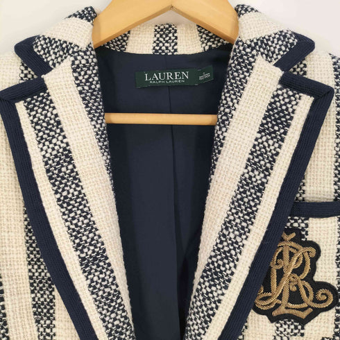 ローレンラルフローレン LAUREN RALPH LAUREN ロゴワッペン ストライプ 金ボタン コットン ツイード 1B テーラードジャケット レディース O