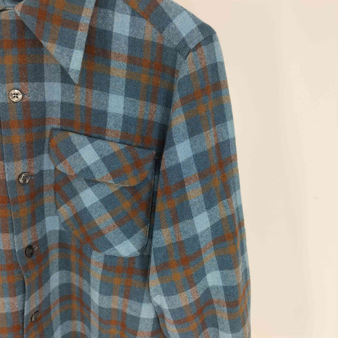 ペンドルトン PENDLETON 70S USA製 PURE VIRGIN WOOL フラップポケット ウール オープンカラー チェック シャツ メンズ import:S
