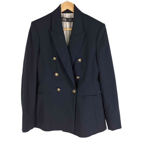 ザラ ZARA 裏地ストライプ ダブルブレスト 紺ブレ金ボタン ジャケット パワーショルダー レディース import:S