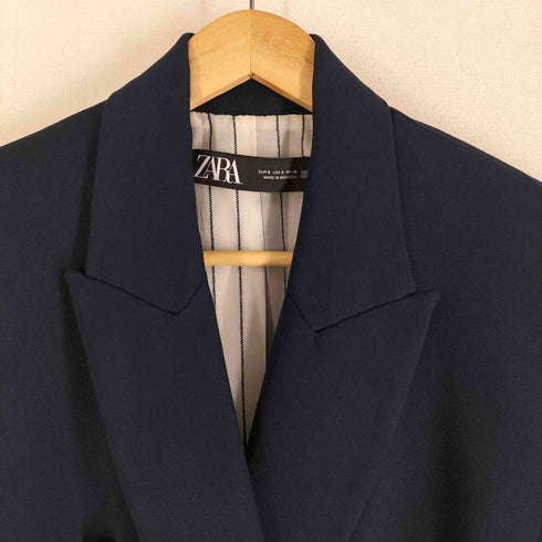 ザラ ZARA 裏地ストライプ ダブルブレスト 紺ブレ金ボタン ジャケット パワーショルダー レディース import:S
