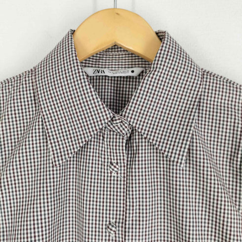 ザラ ZARA パワーショルダー パフスリーブ チェックブラウス レディース import:S